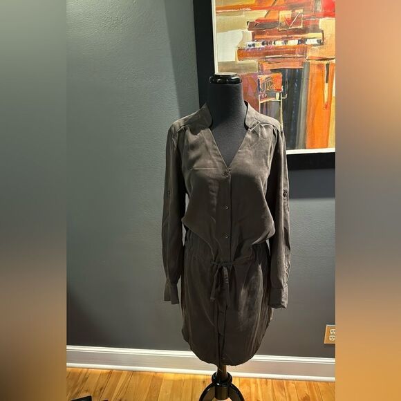 Rag & Bone charcoal tencel dropped drawstring waist button front shirtdress. Sm - Picture 5 of 11